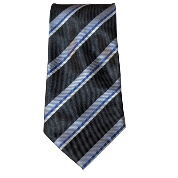 Giorgio Armani Cravatte Mens Tie Black Blue Striped Pattern Italy Preppy - Picture 1 of 4